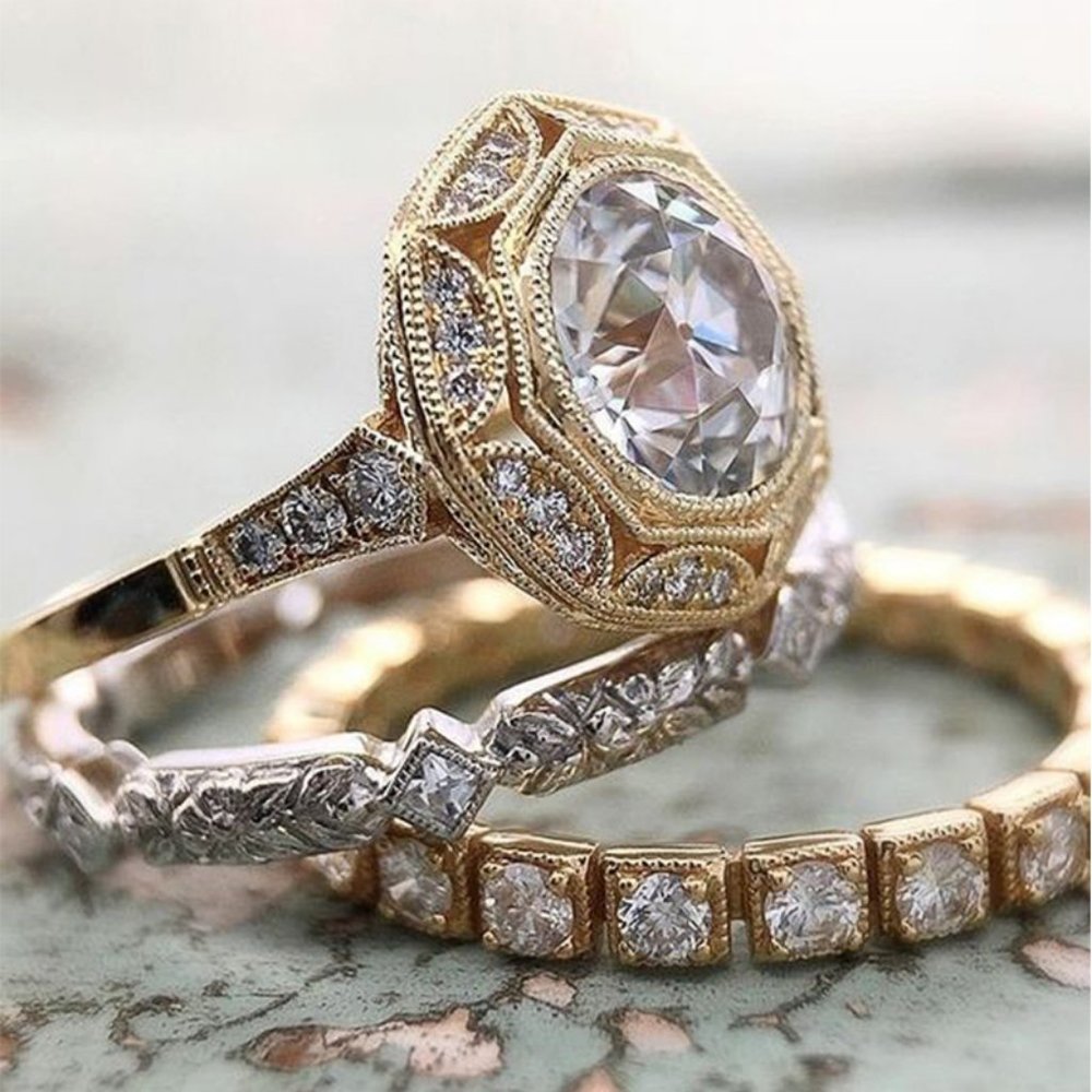 *NEW 18K Yellow Gold Art Deco Diamond 3PC Ring Set